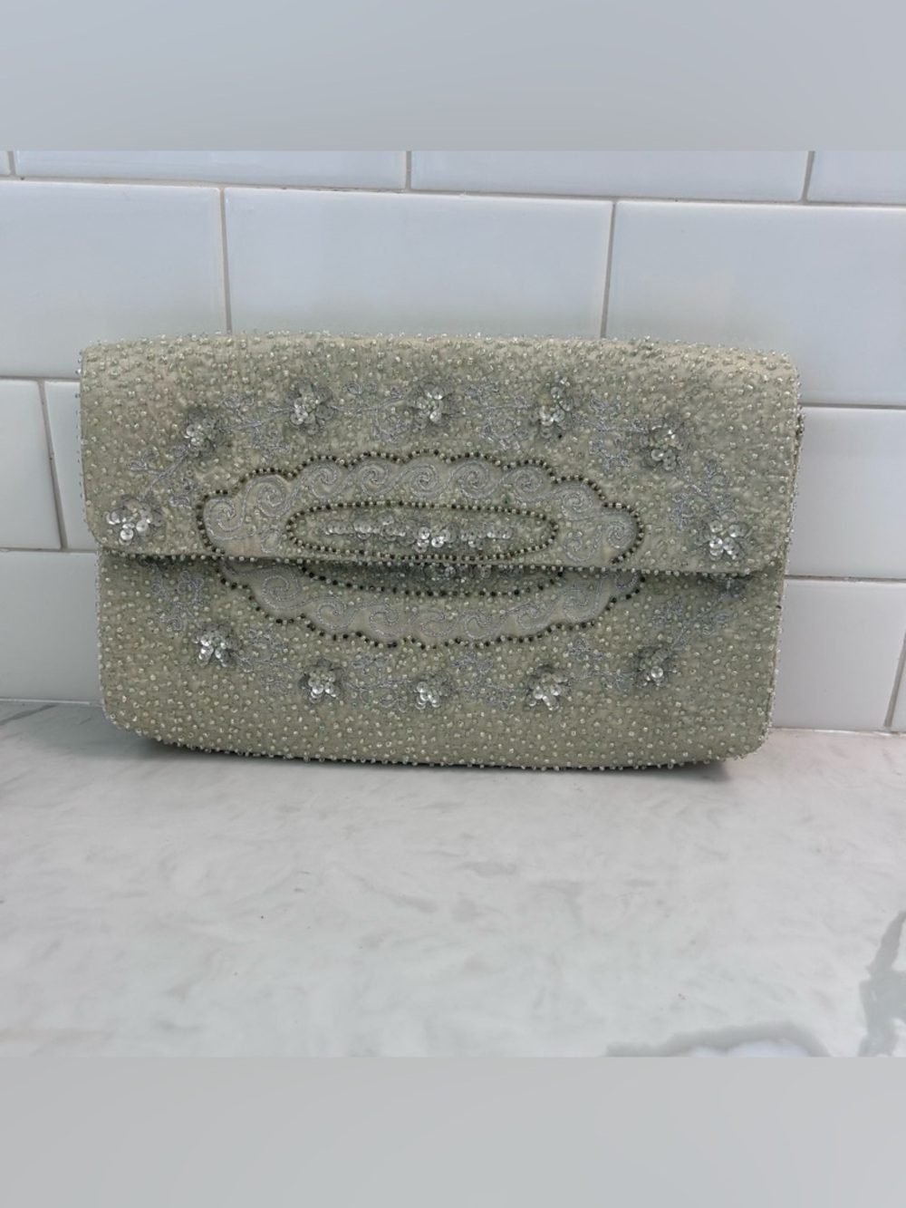Moyna Embellished Beaded and sequined Evening Clutch in light green